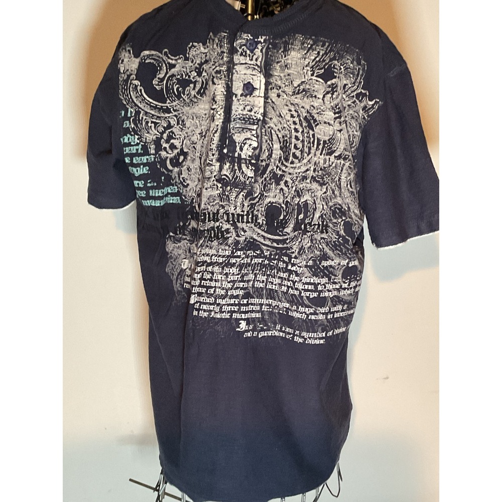 Modern Culture Mens Blue Henley Shirt Large‎ Graphic Print Short Sleeve Cotton